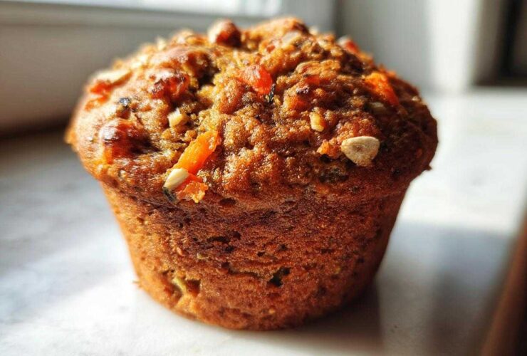 A close-up, sunlit shot of a single, perfectly baked morning glory muffin showing visible carrots and nuts on top.