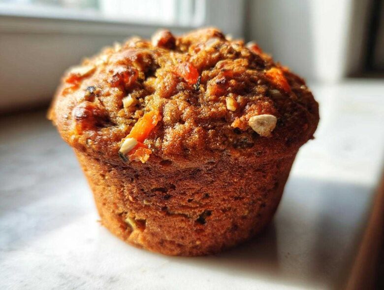 A close-up, sunlit shot of a single, perfectly baked morning glory muffin showing visible carrots and nuts on top.