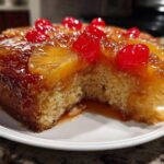 Close-up of a moist slice of pineapple upside down cake topped with caramelized pineapple and bright red maraschino cherries.