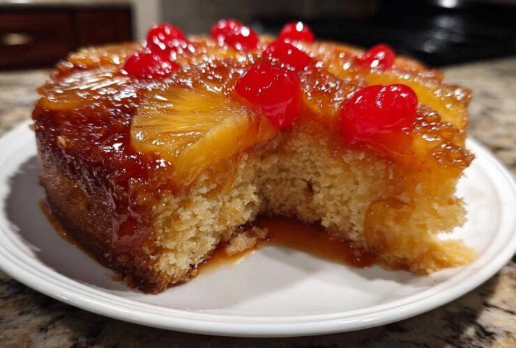 Close-up of a moist slice of pineapple upside down cake topped with caramelized pineapple and bright red maraschino cherries.