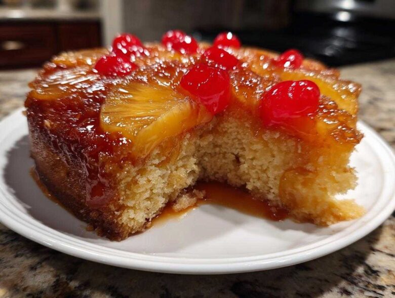 Close-up of a moist slice of pineapple upside down cake topped with caramelized pineapple and bright red maraschino cherries.