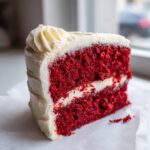 Close-up of a moist slice of red velvet cake layered with thick cream cheese frosting.