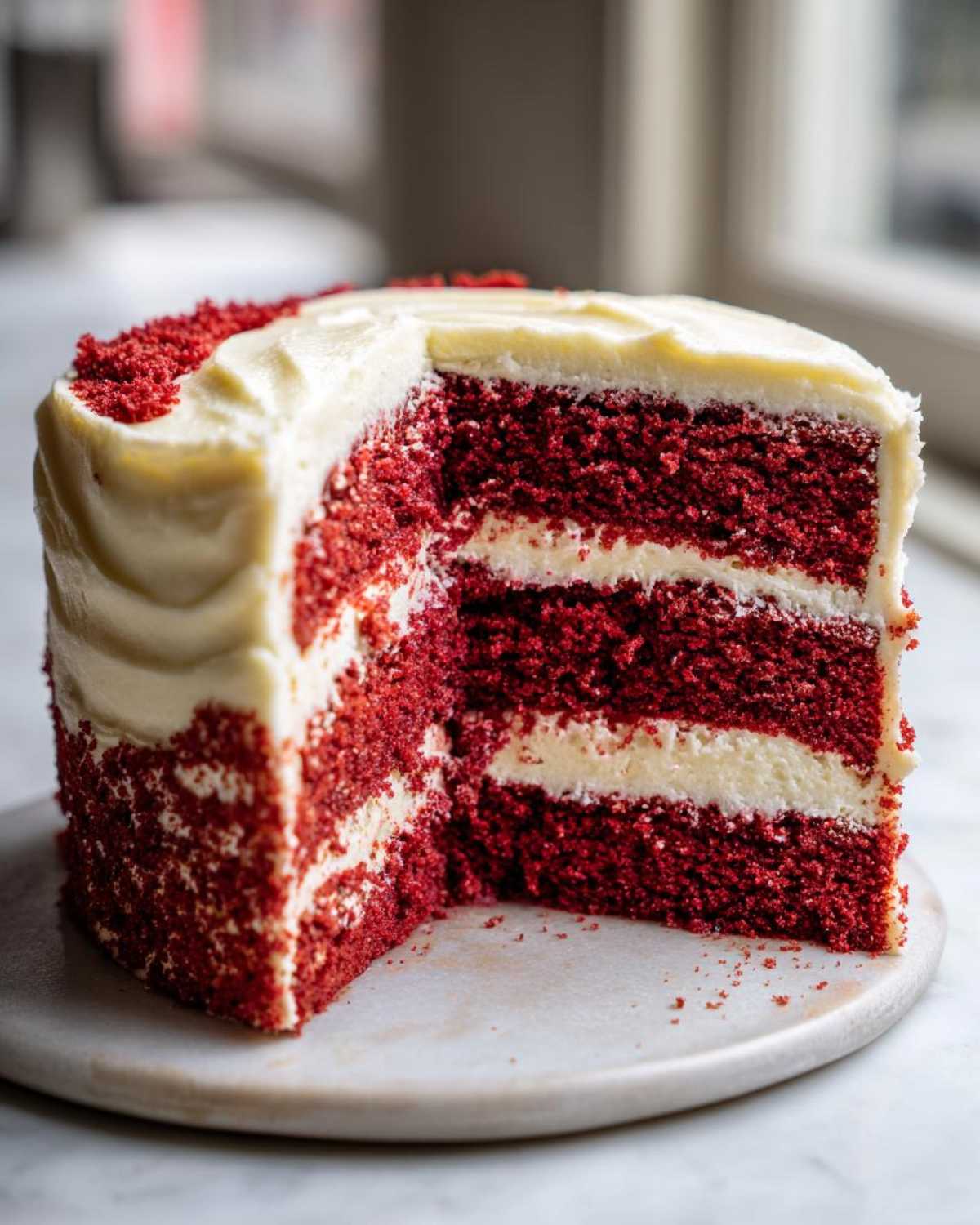 Close-up of a moist red velvet cake with three layers and thick cream cheese frosting, showing a slice removed.