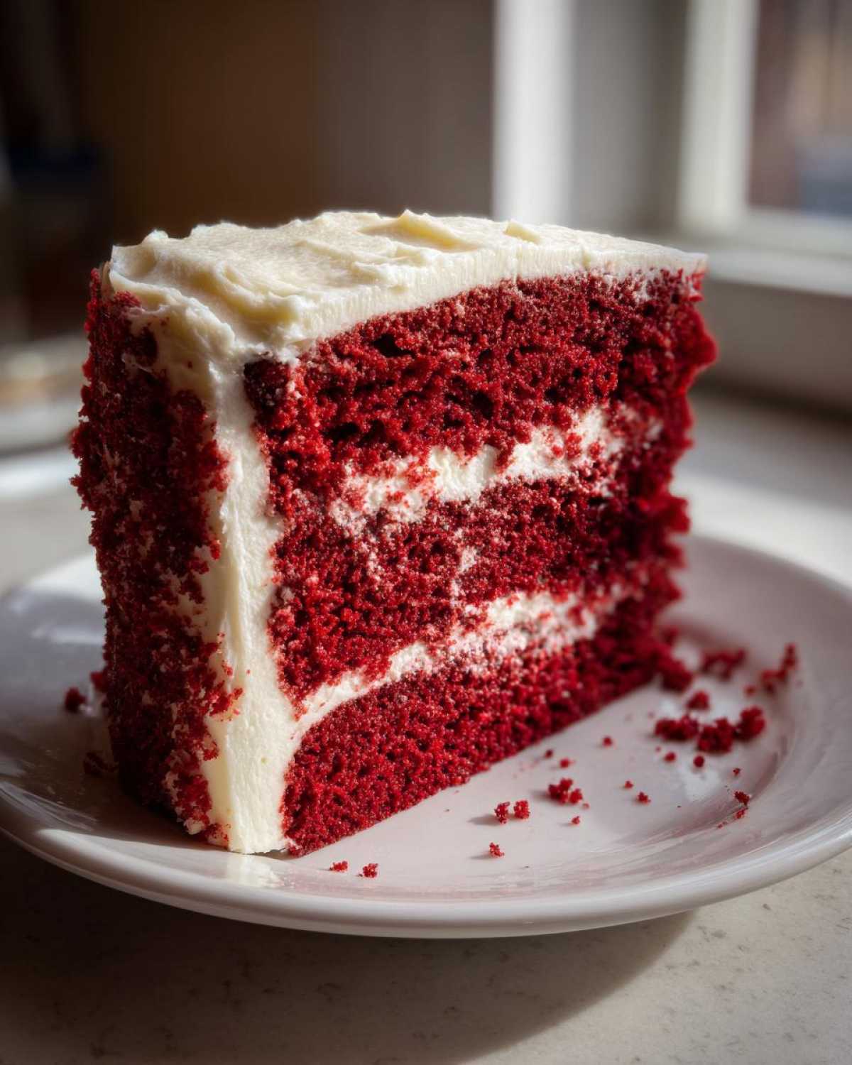 A tall, moist slice of red velvet cake layered with white cream cheese frosting, sitting on a white plate.