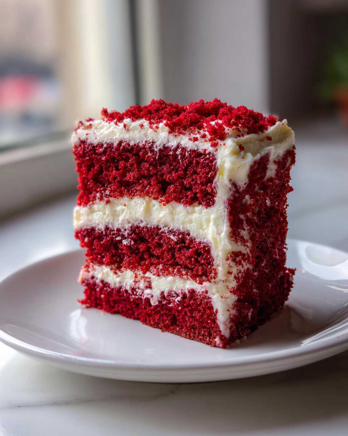 A tall, moist slice of red velvet cake layered with white cream cheese frosting and topped with red cake crumbs.