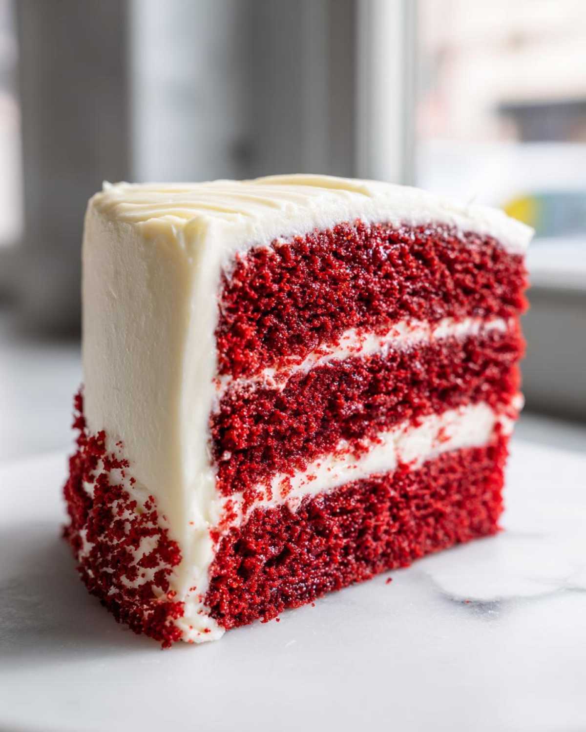 Close-up of a tall, moist slice of red velvet cake layered with white cream cheese frosting.