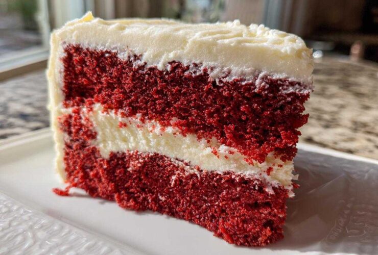 Close-up of a moist slice of red velvet cake showing two vibrant red layers separated by white cream cheese frosting.