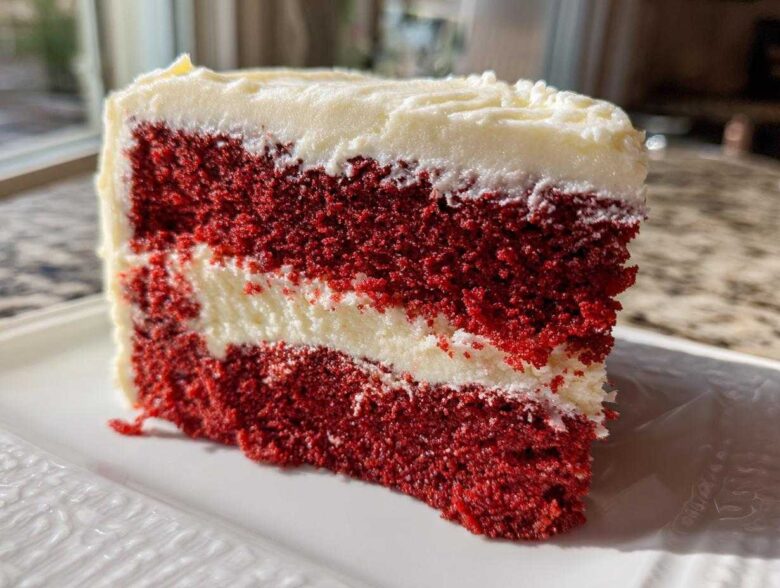 Close-up of a moist slice of red velvet cake showing two vibrant red layers separated by white cream cheese frosting.