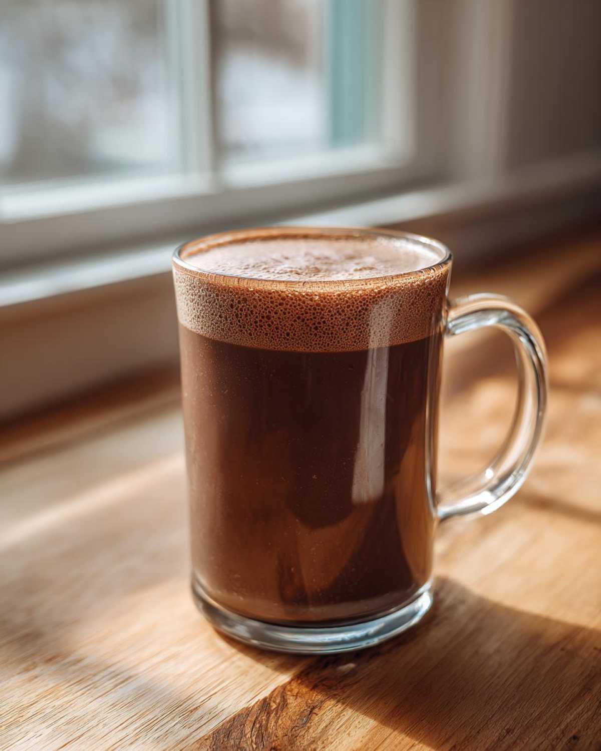 A clear glass mug filled with rich, dark hot cocoa mix topped with foam, sitting on a wooden surface near a window.