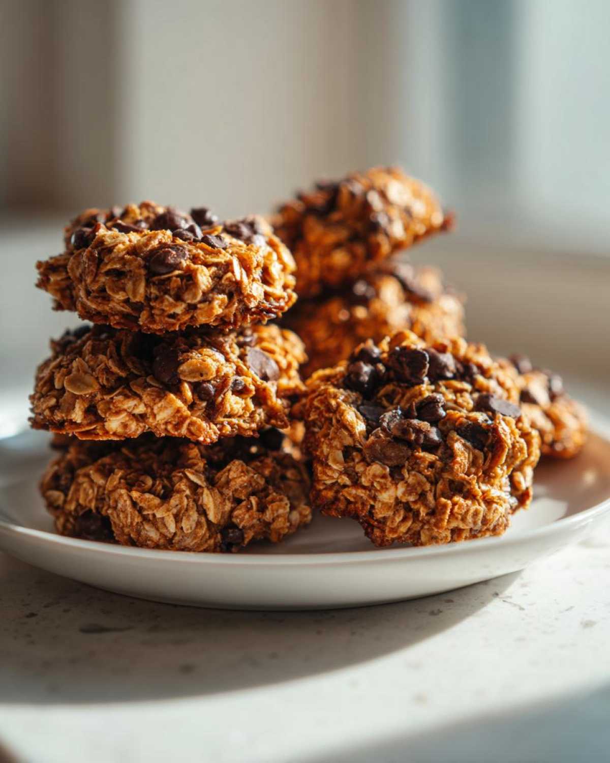 A stack of homemade, chewy breakfast cookie treats loaded with oats and chocolate chips.