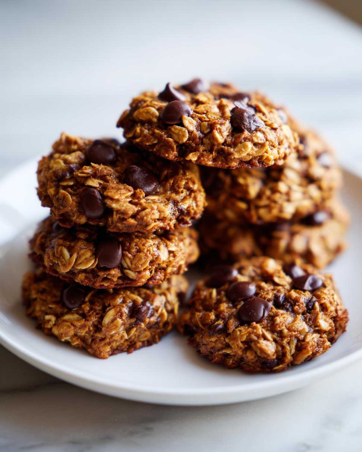 A stack of golden brown, oatmeal chocolate chip breakfast cookie on a white plate.