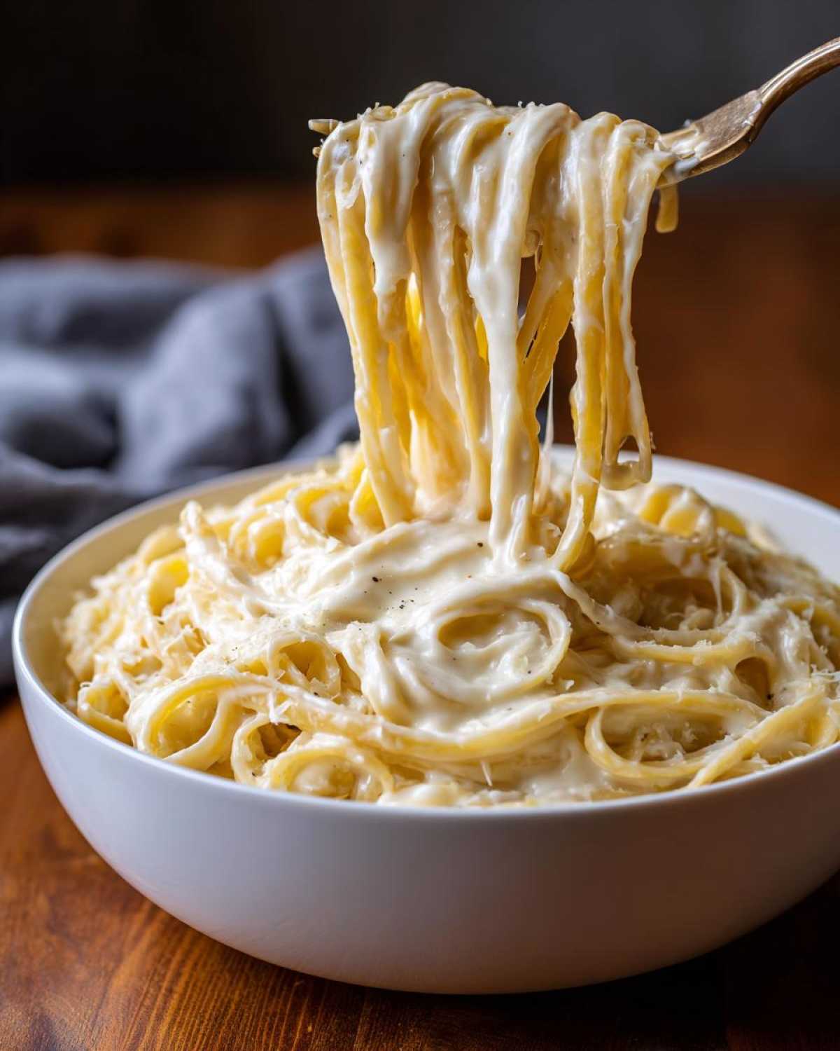 A fork lifting fettuccine noodles coated heavily in creamy Olive Garden Alfredo sauce from a white bowl.