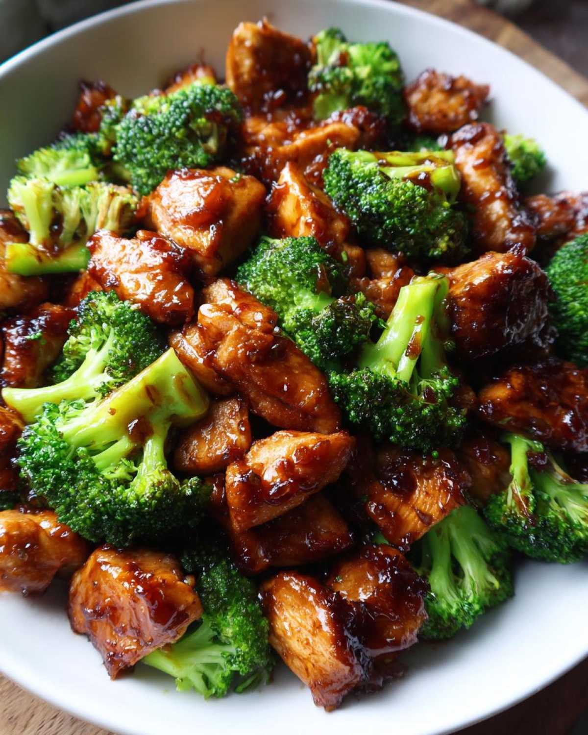 Close-up of tender chicken pieces coated in a rich brown sauce mixed with bright green broccoli florets, featuring the chicken and broccoli recipe.