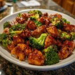 Close-up of saucy chicken and broccoli pieces served together in a white bowl.