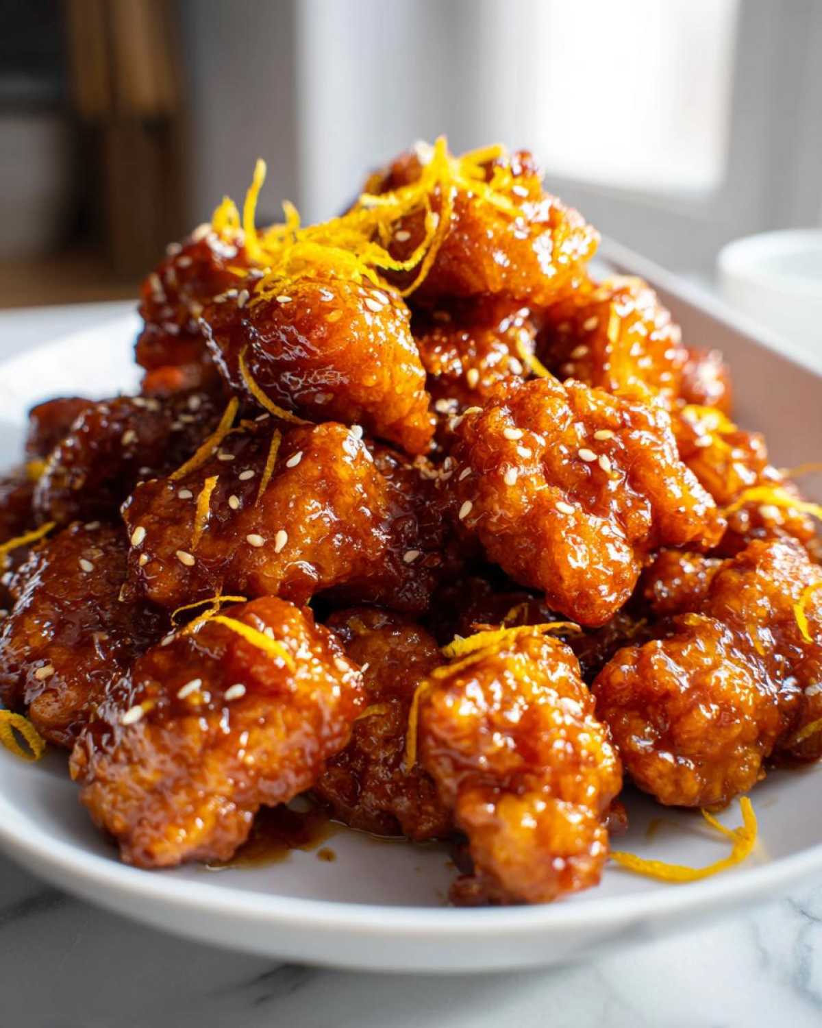 A mound of crispy, glazed orange chicken recipe pieces topped with sesame seeds and bright orange zest.