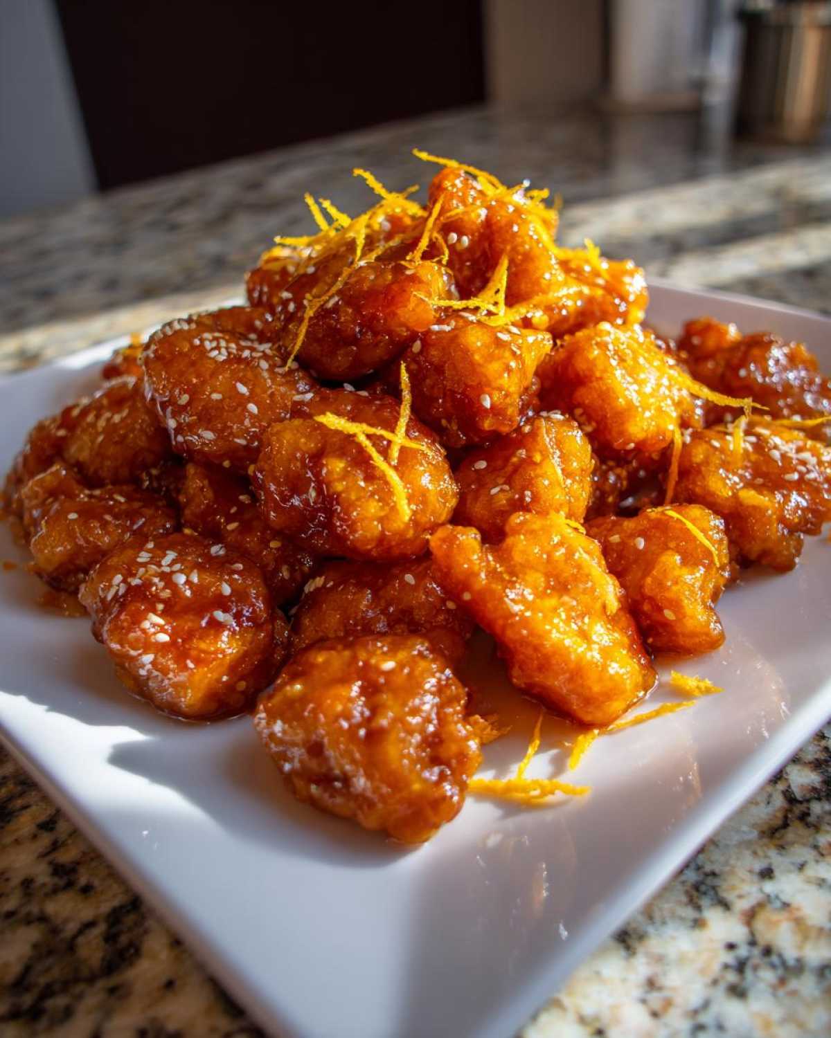 A mound of crispy, glazed orange chicken recipe pieces garnished with sesame seeds and orange zest.