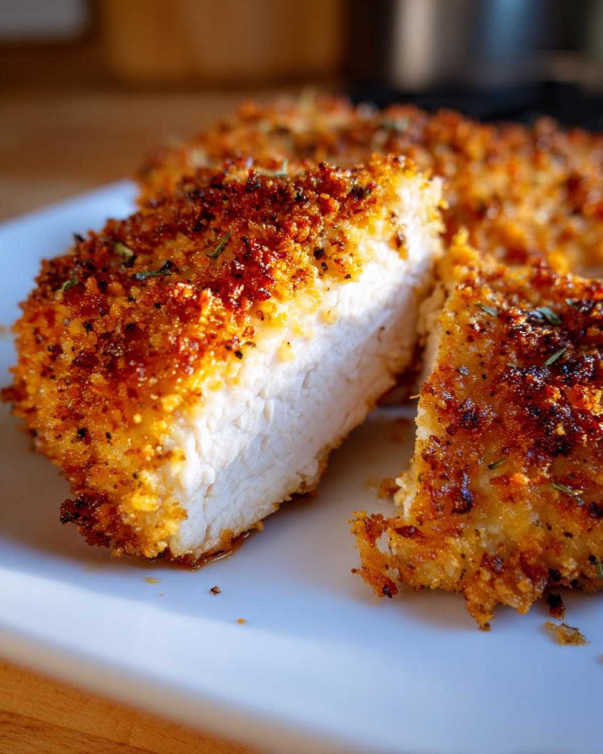 Close-up of juicy parmesan crusted chicken cut in half, showing the golden crust and white interior.
