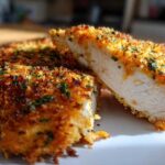 Cross-section view showing the juicy interior of the parmesan crusted chicken with a golden, crispy coating.