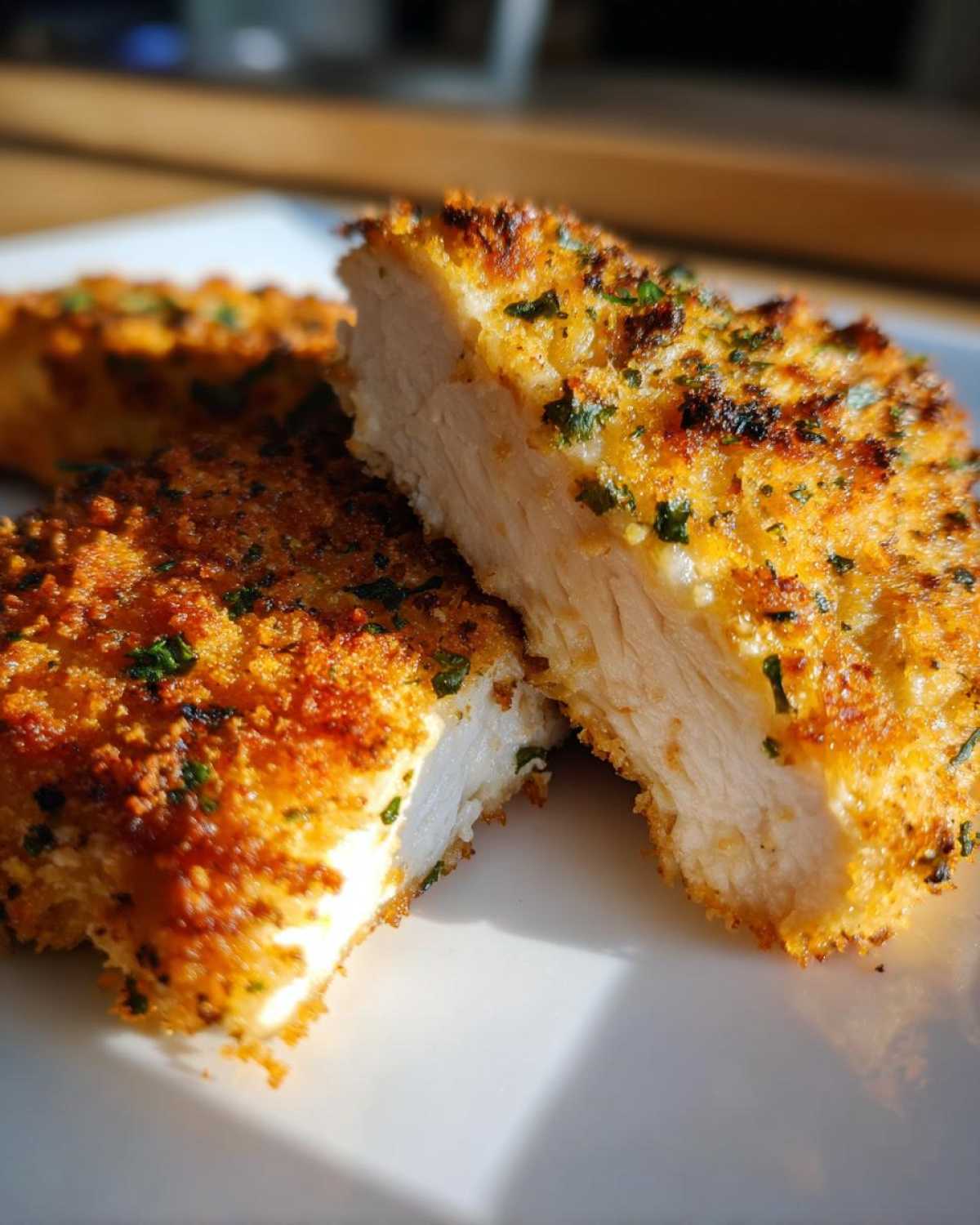 Close-up of parmesan crusted chicken cut in half showing juicy white meat and golden, crispy coating.