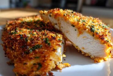 Cross-section view showing the juicy interior of the parmesan crusted chicken with a golden, crispy coating.