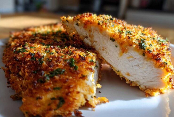 Cross-section view showing the juicy interior of the parmesan crusted chicken with a golden, crispy coating.