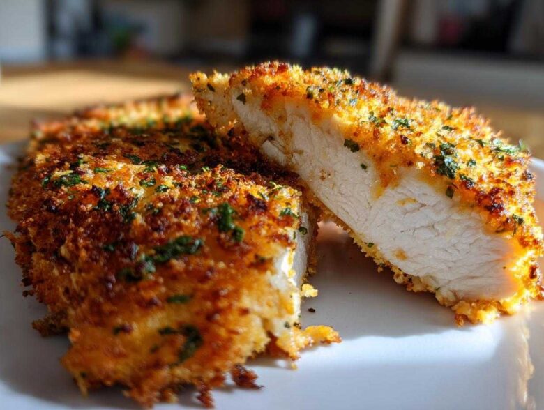 Cross-section view showing the juicy interior of the parmesan crusted chicken with a golden, crispy coating.