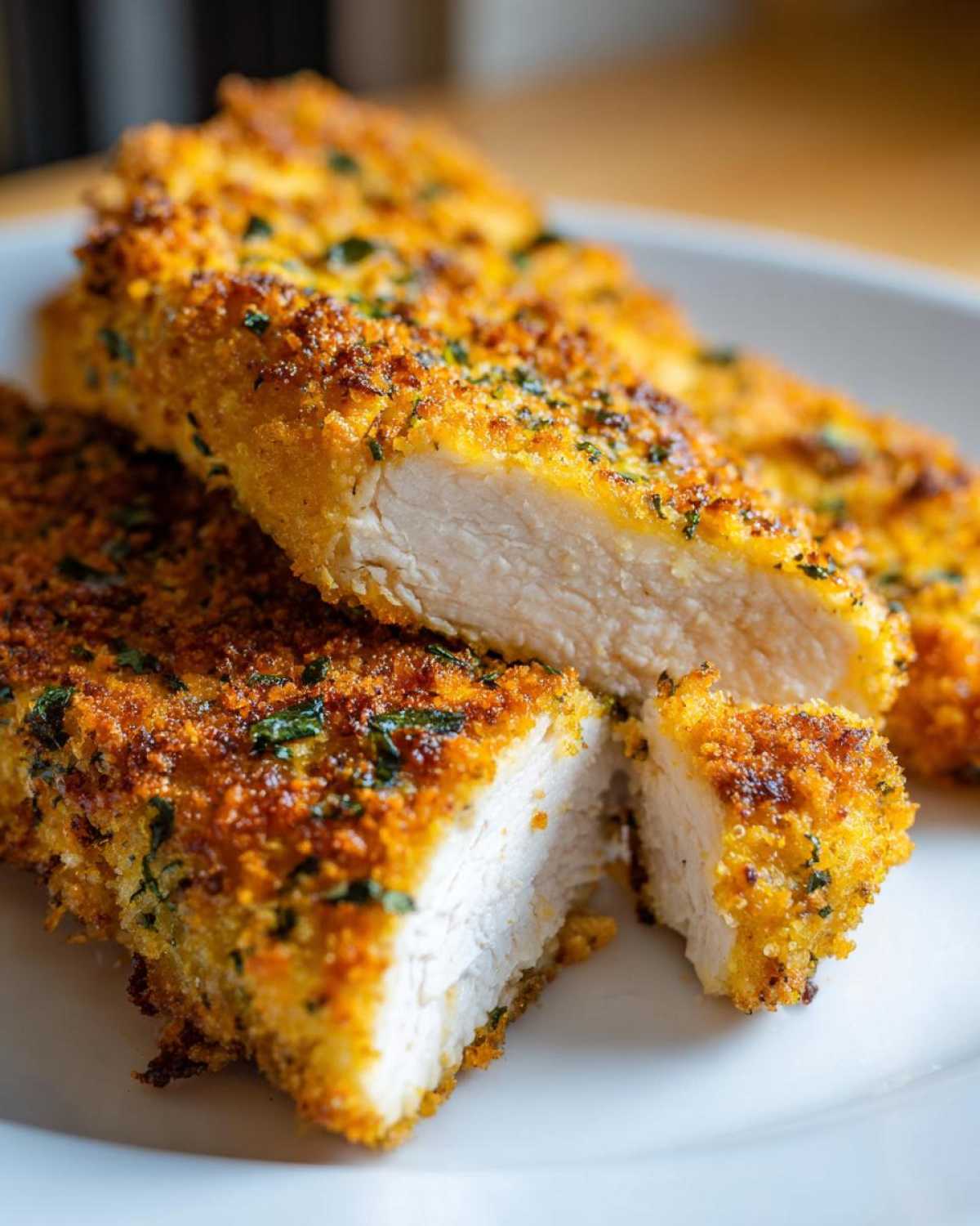 Close-up of perfectly cooked parmesan crusted chicken, sliced to show the moist white interior and golden crust.