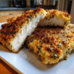 Close-up of perfectly cooked parmesan crusted chicken, showing the white interior and golden, herbed crust.