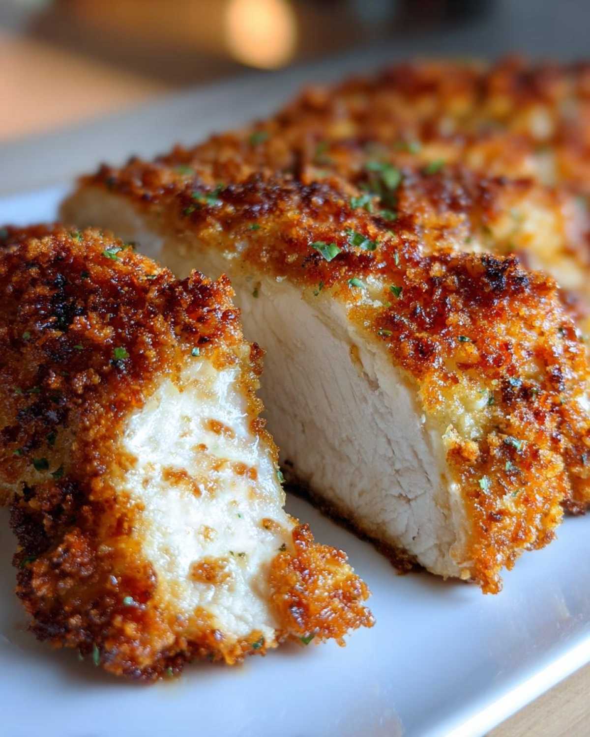 Close-up of sliced parmesan crusted chicken showing the golden, crispy crust and moist white interior.