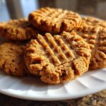 A close-up of several golden brown peanut butter cookies with classic fork marks stacked on a white plate.