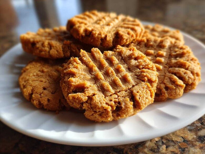 A close-up of several golden brown peanut butter cookies with classic fork marks stacked on a white plate.