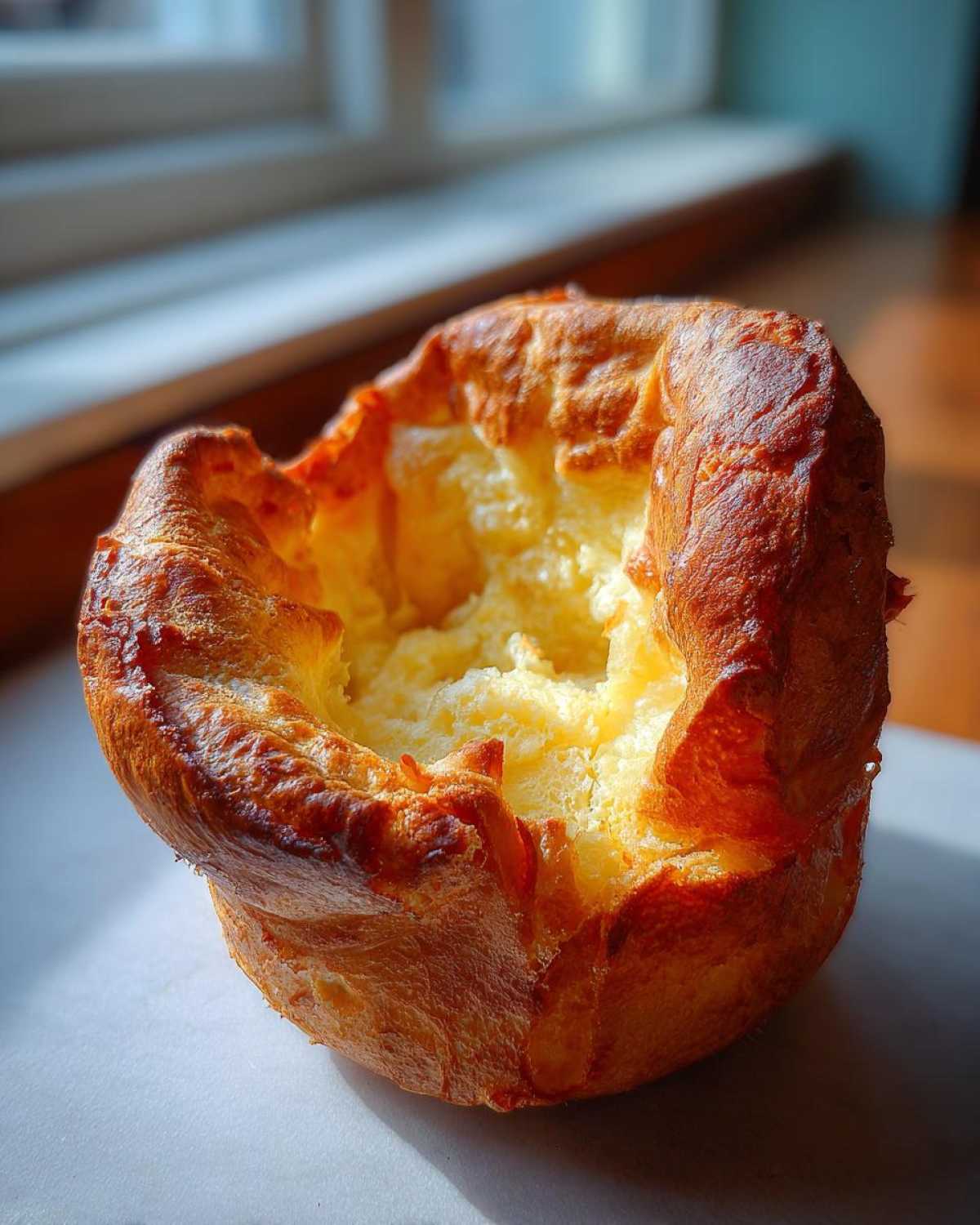 A single, perfectly risen yorkshire pudding with a deep golden-brown, crispy exterior and a soft, airy center.