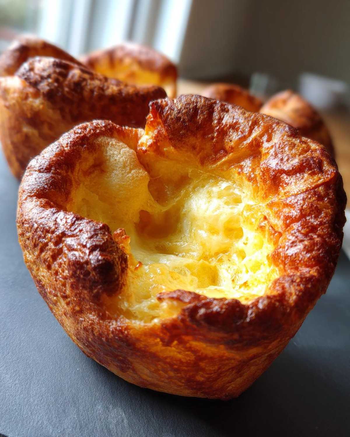 Close-up of a golden brown, perfectly risen yorkshire pudding with a deep well.