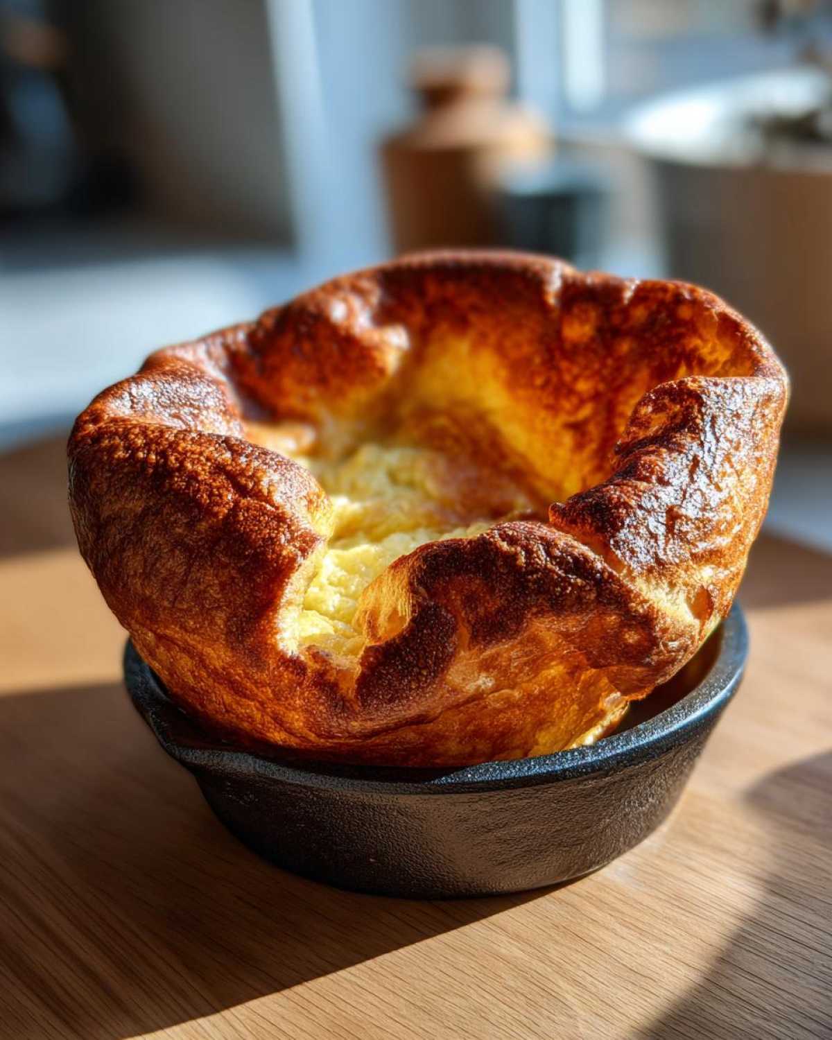 A single, perfectly risen Yorkshire pudding with a golden-brown, crispy exterior, served in a small black cast iron ramekin.