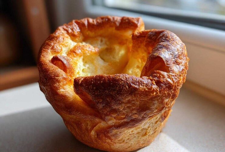 A single, beautifully risen, golden-brown yorkshire pudding with crispy edges and a hollow center.