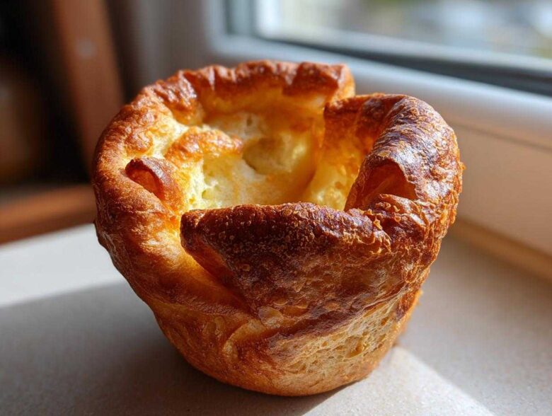A single, beautifully risen, golden-brown yorkshire pudding with crispy edges and a hollow center.