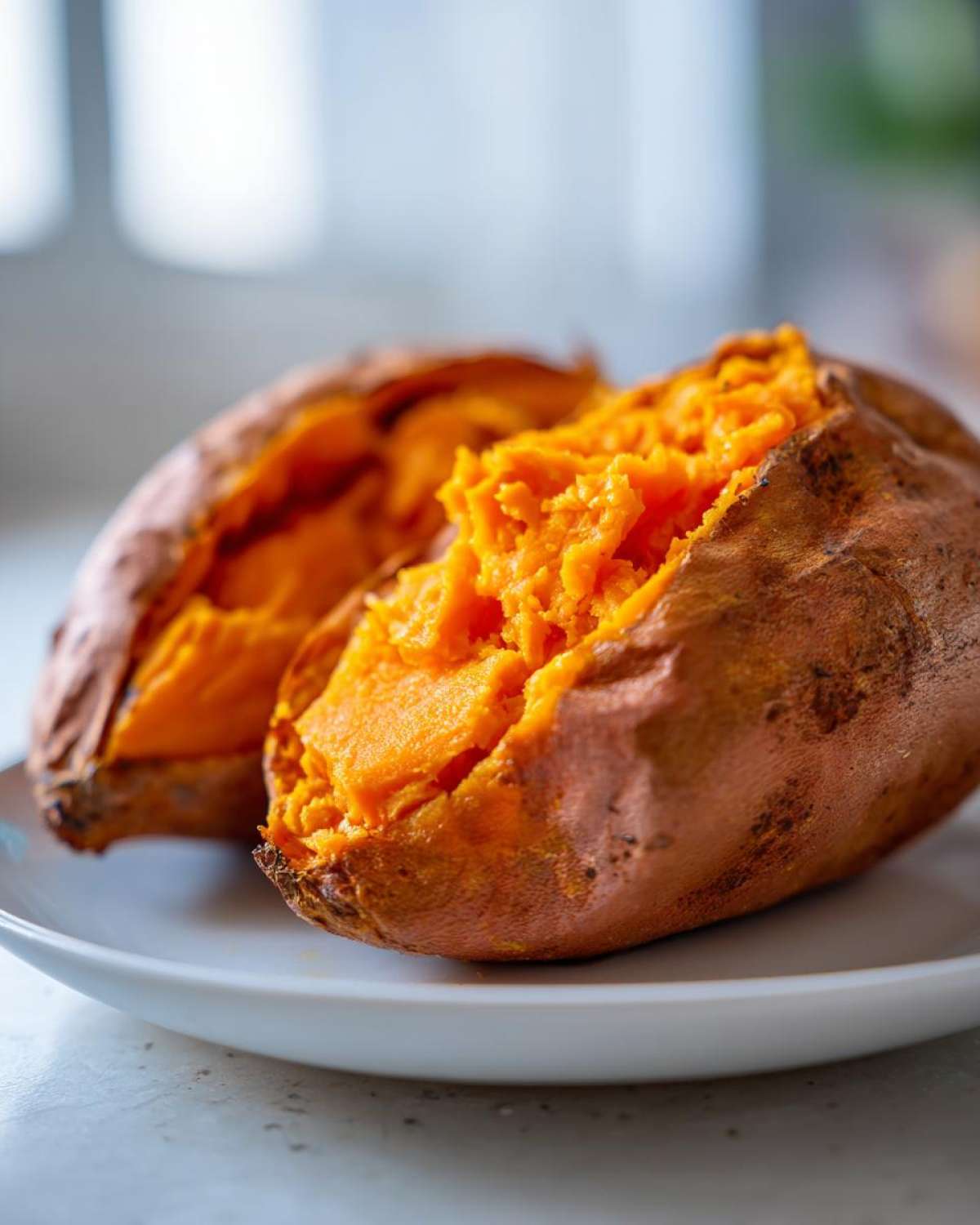 Close-up of a perfectly cooked baked sweet potato split open, revealing bright orange, fluffy flesh.