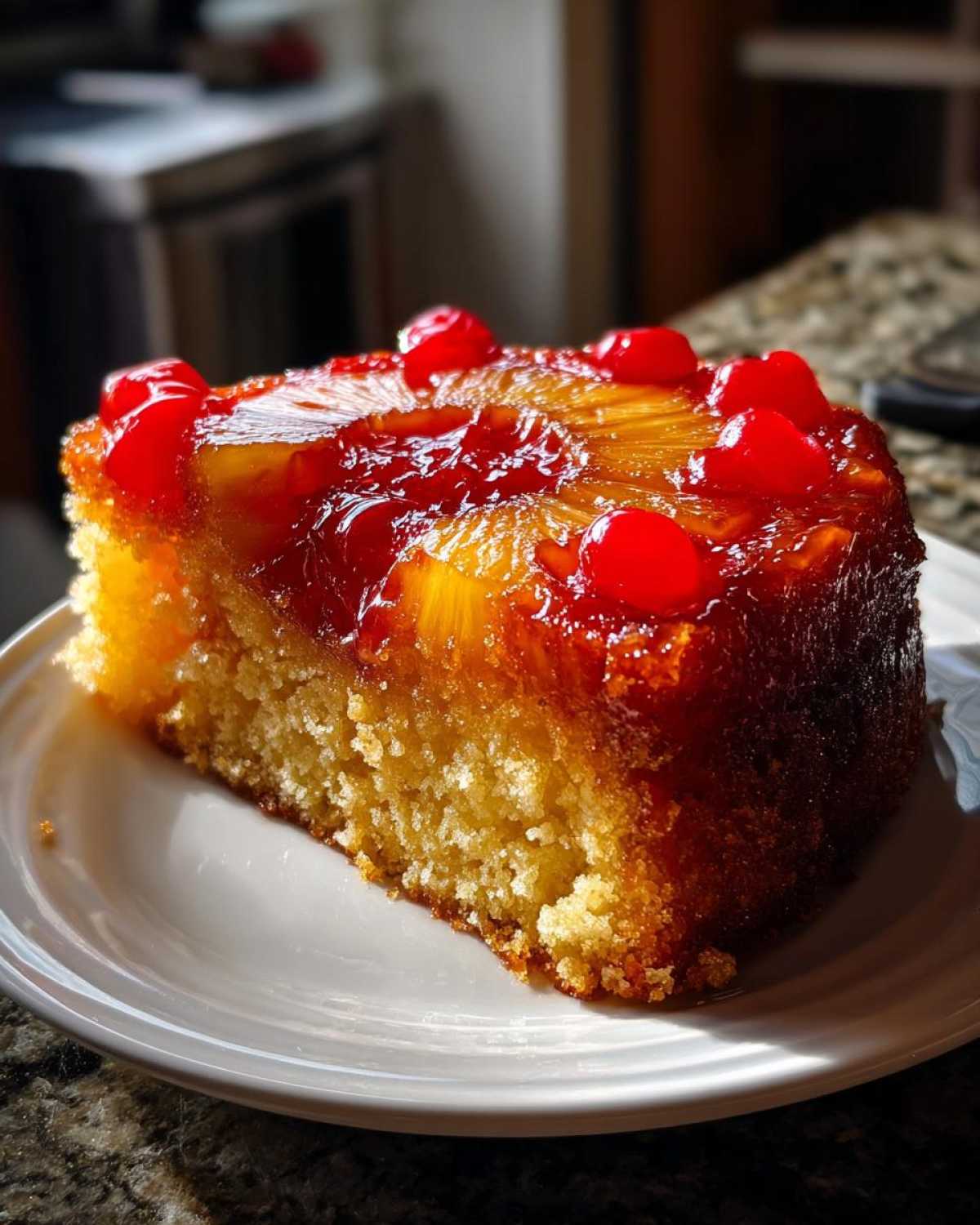 A close-up slice of pineapple upside down cake topped with caramelized pineapple and bright red maraschino cherries.