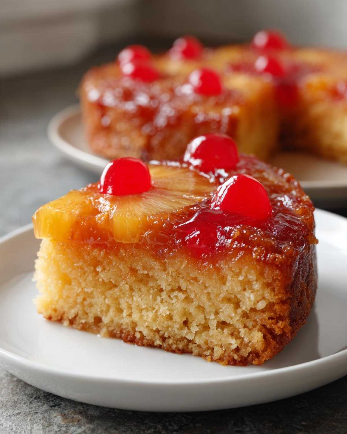 Close-up of a slice of pineapple upside down cake topped with caramelized pineapple and maraschino cherries.
