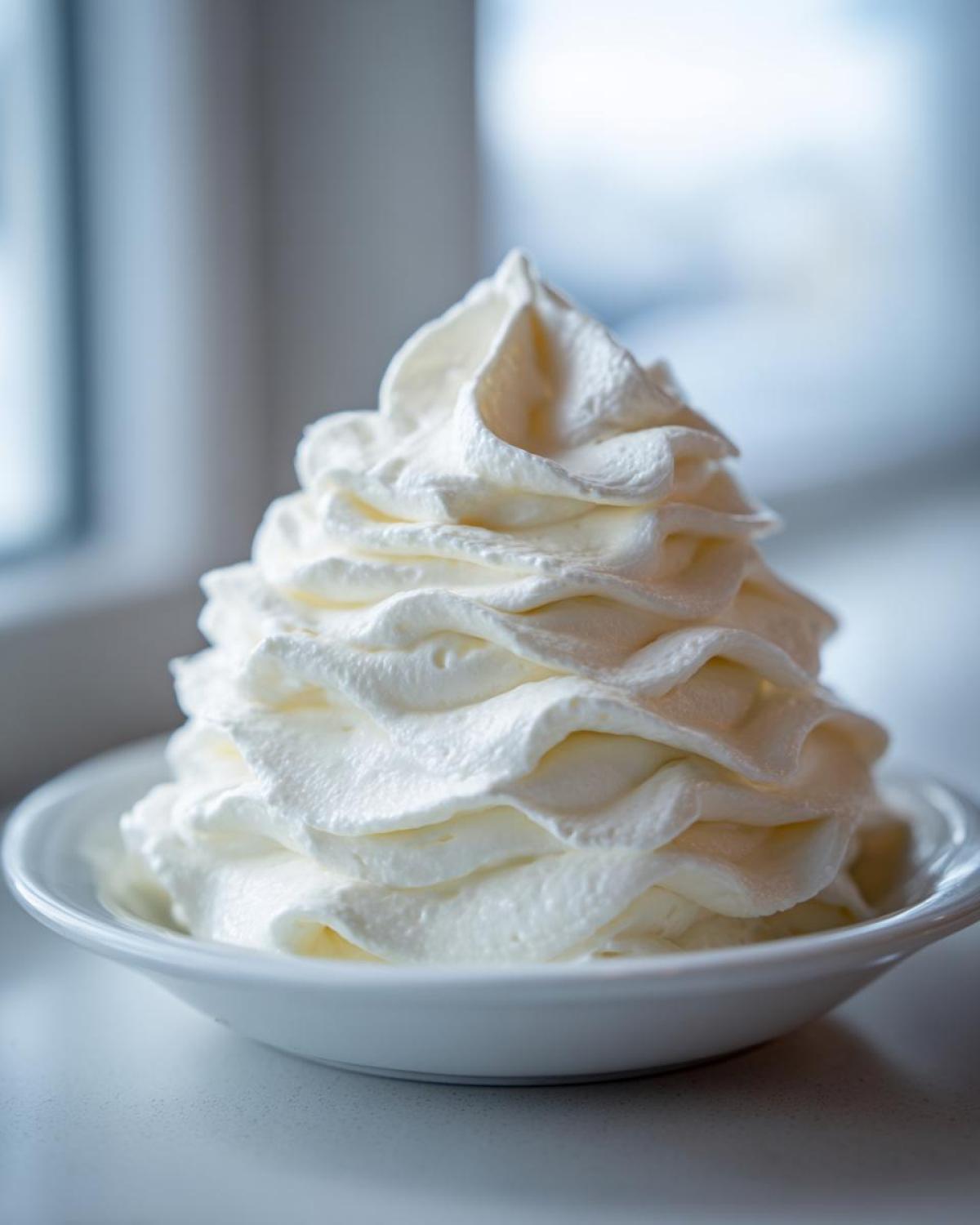 A tall swirl of fluffy white topping, resembling cream cheese frosting, piped high in a small white bowl.