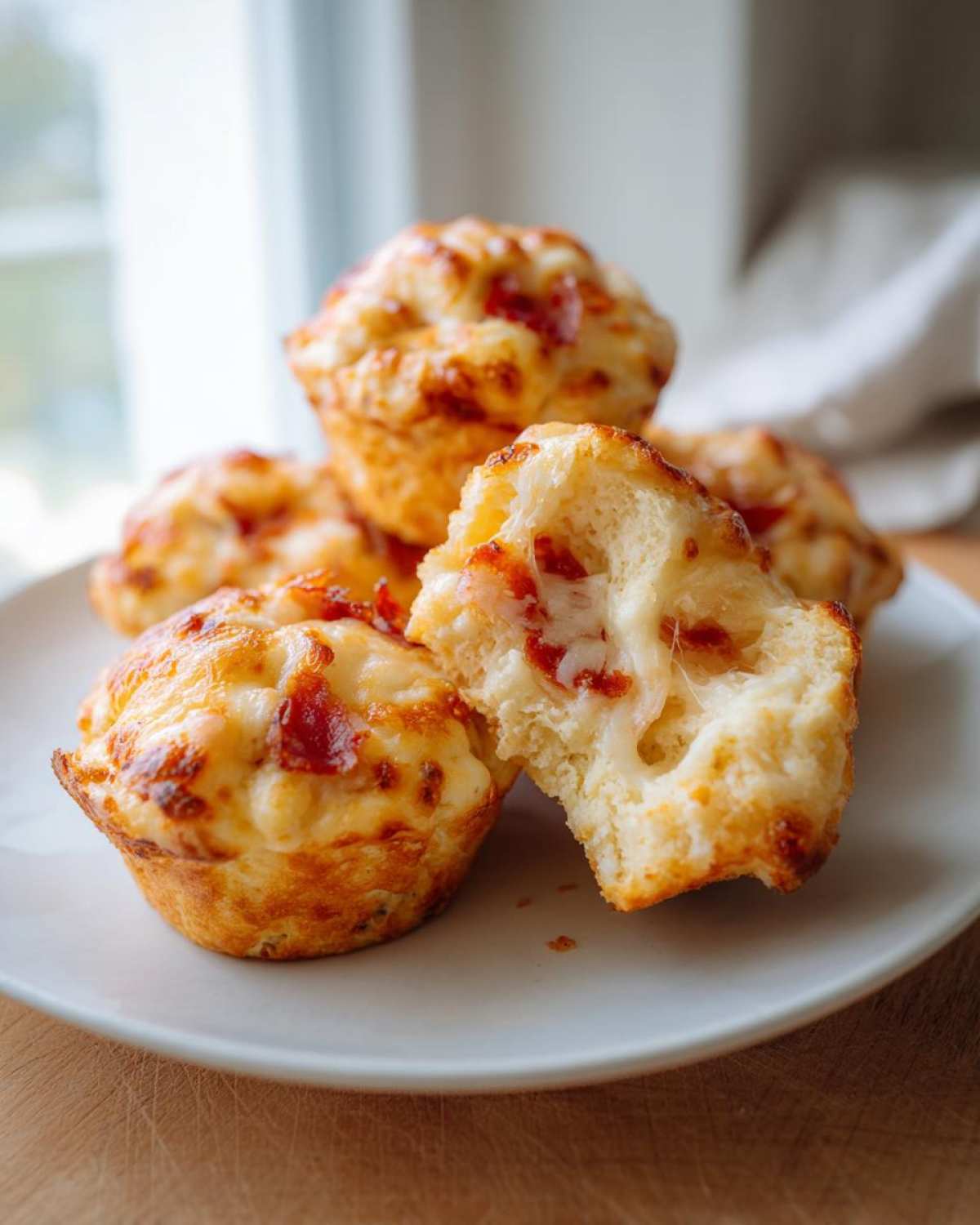 Close-up of several golden-brown pizza muffins, one broken open showing gooey, melted cheese and pepperoni inside.