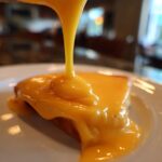 Close-up of thick, bright yellow nacho cheese sauce being poured over a piece of food on a white plate.