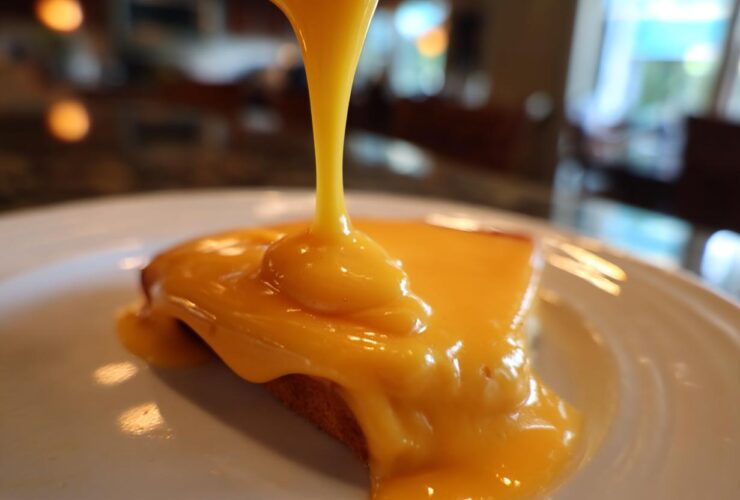Close-up of thick, bright yellow nacho cheese sauce being poured over a piece of food on a white plate.