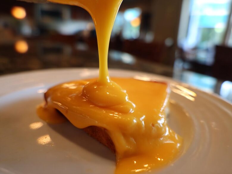 Close-up of thick, bright yellow nacho cheese sauce being poured over a piece of food on a white plate.