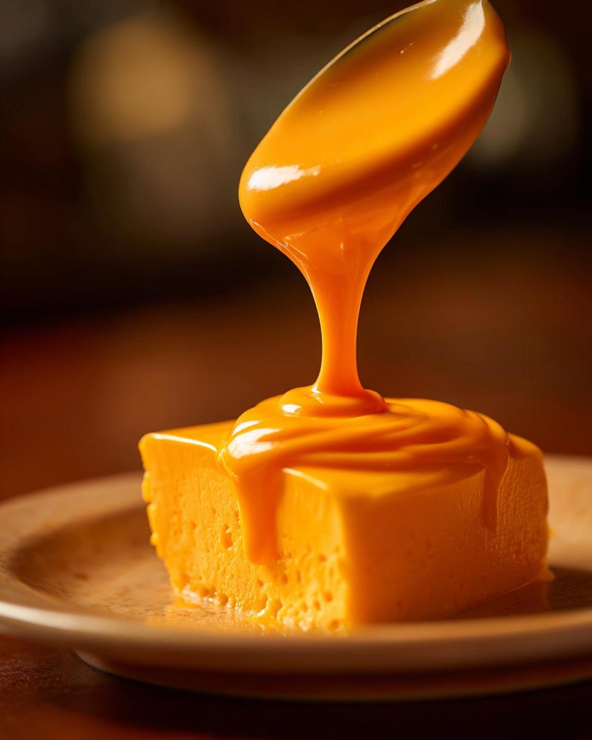 A thick, bright orange nacho cheese sauce being poured from a spoon onto a solid block of cheese.