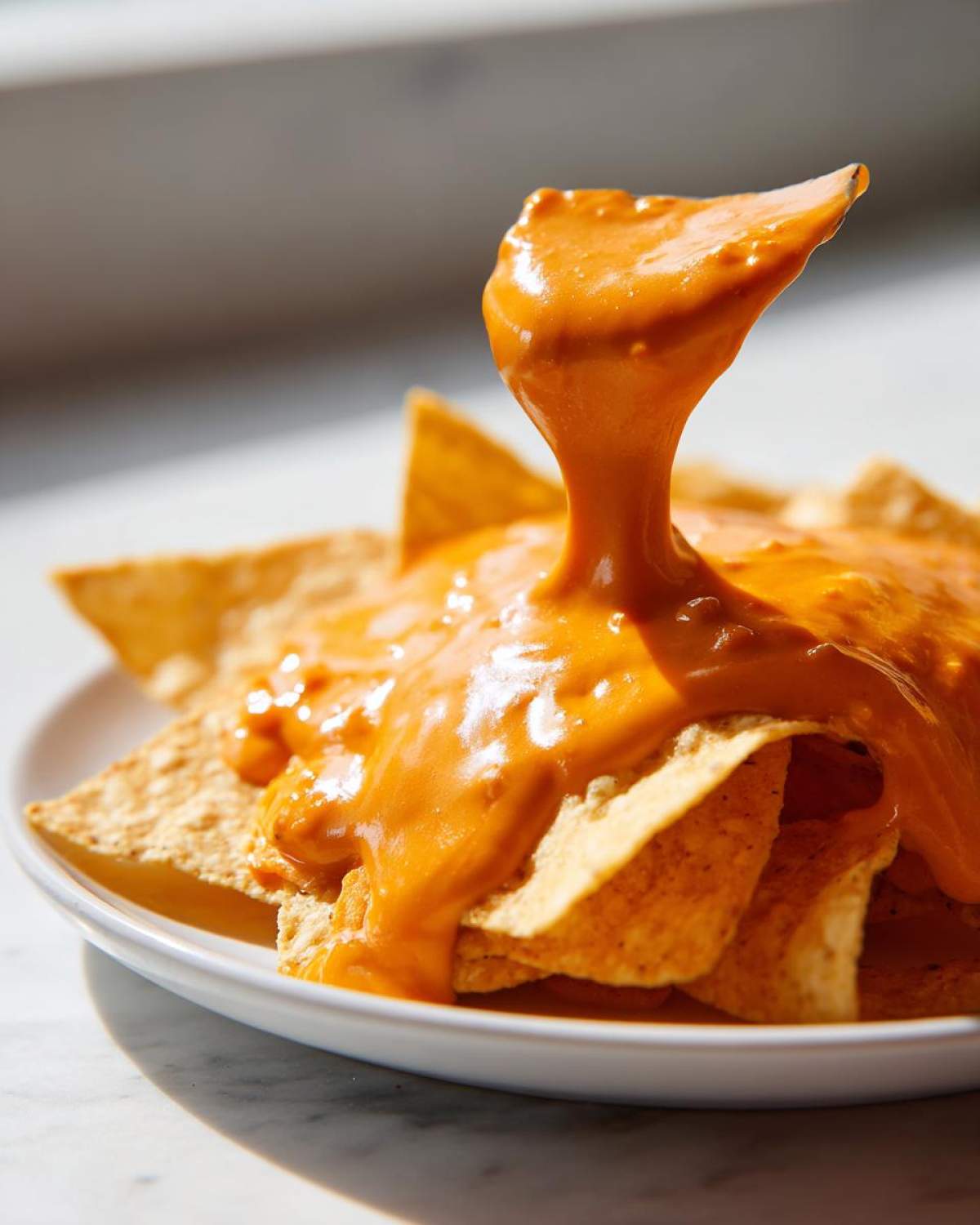 A thick stream of bright orange nacho cheese sauce being poured over a pile of tortilla chips on a white plate.