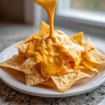 Close-up of thick, bright orange nacho cheese sauce being poured over a pile of tortilla chips on a white plate.