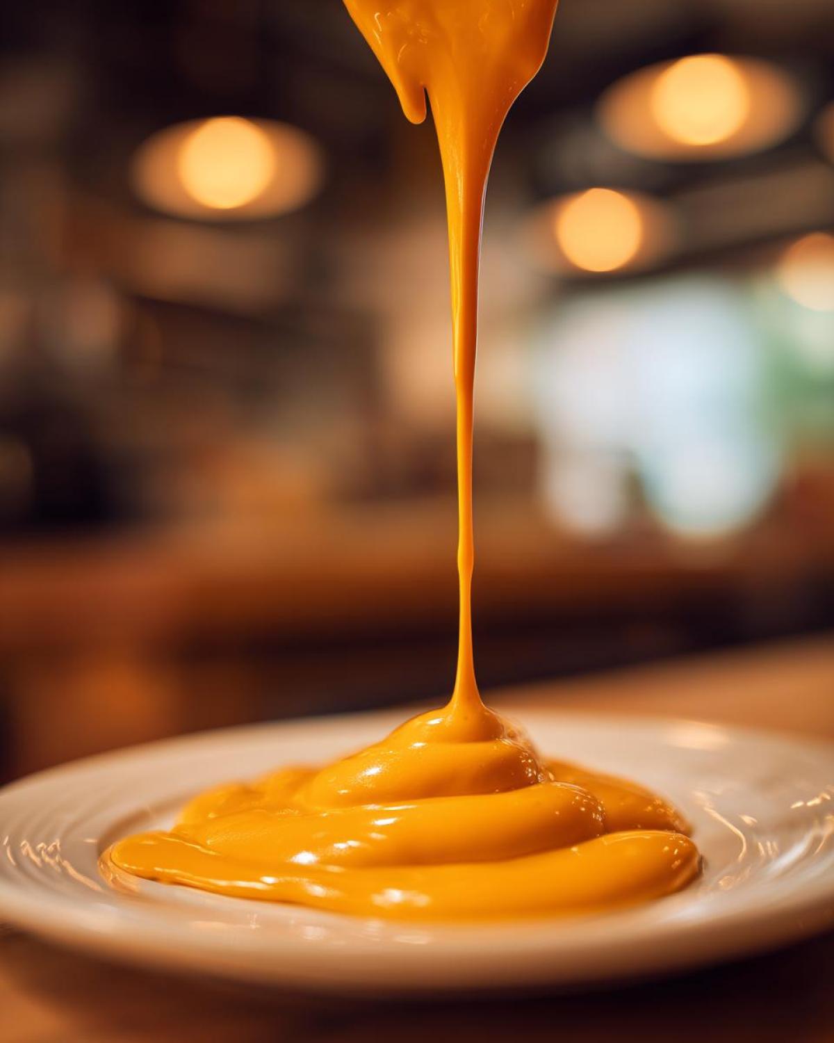 Close-up of thick, vibrant orange nacho cheese sauce being poured in a thin stream onto a white plate.