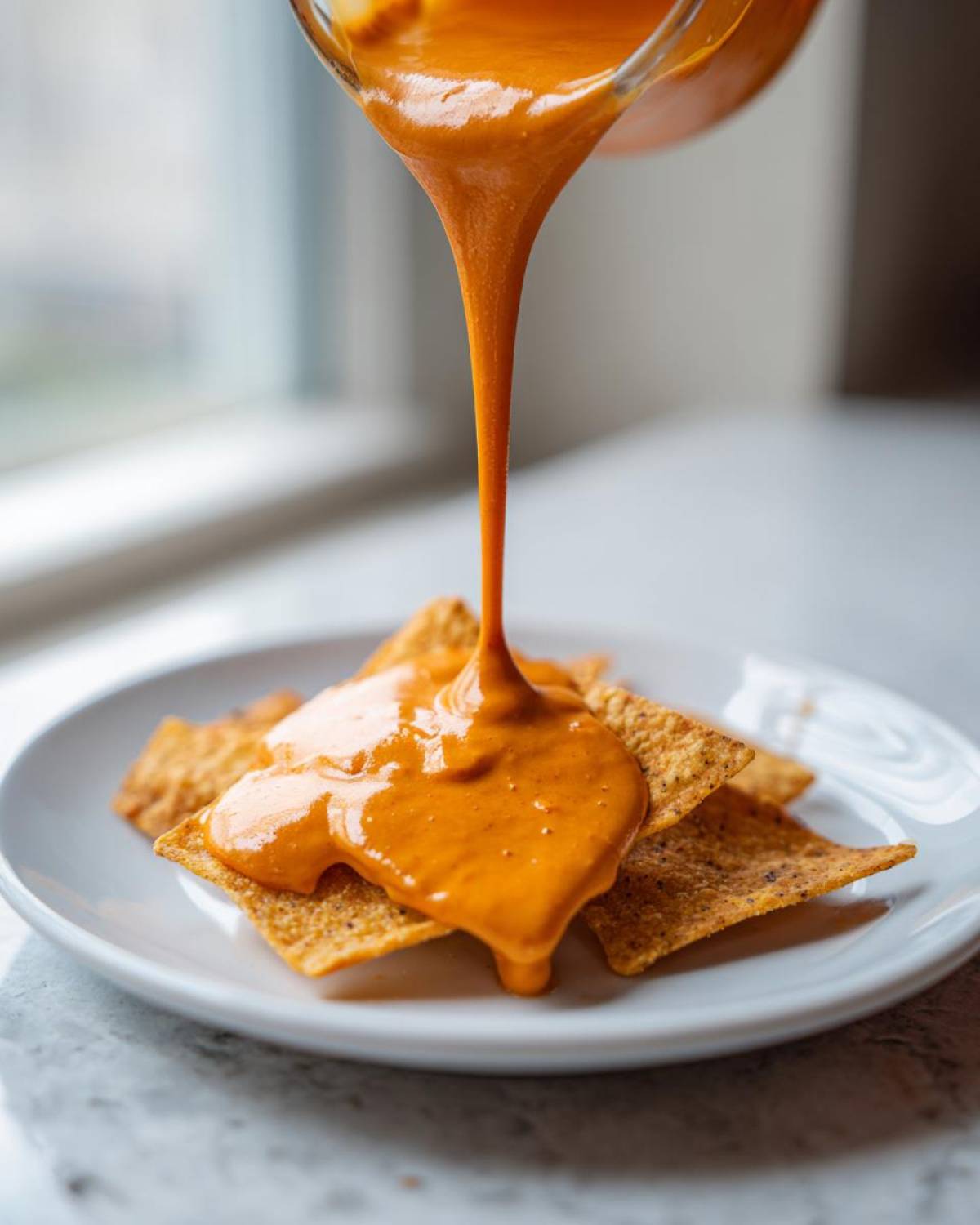 Thick, vibrant orange nacho cheese sauce being poured from a glass container onto tortilla chips on a white plate.