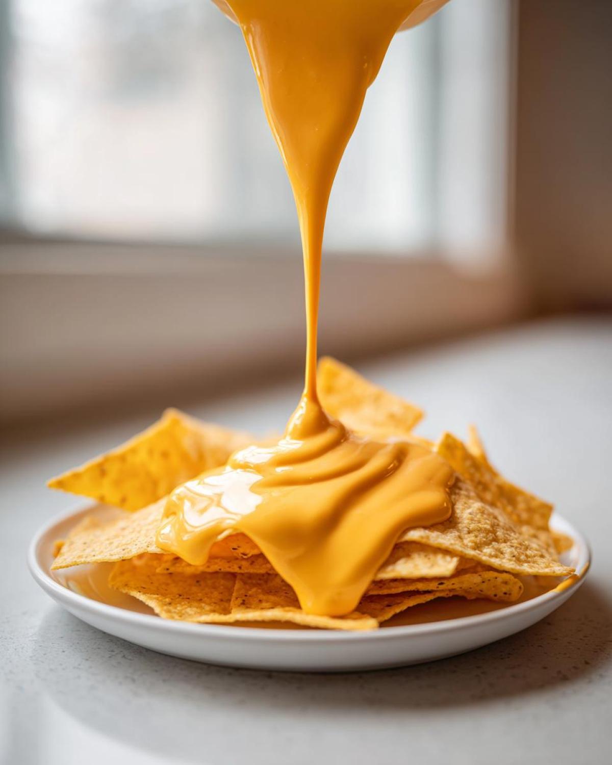 Close-up of rich, golden nacho cheese sauce being poured over a pile of tortilla chips on a white plate.